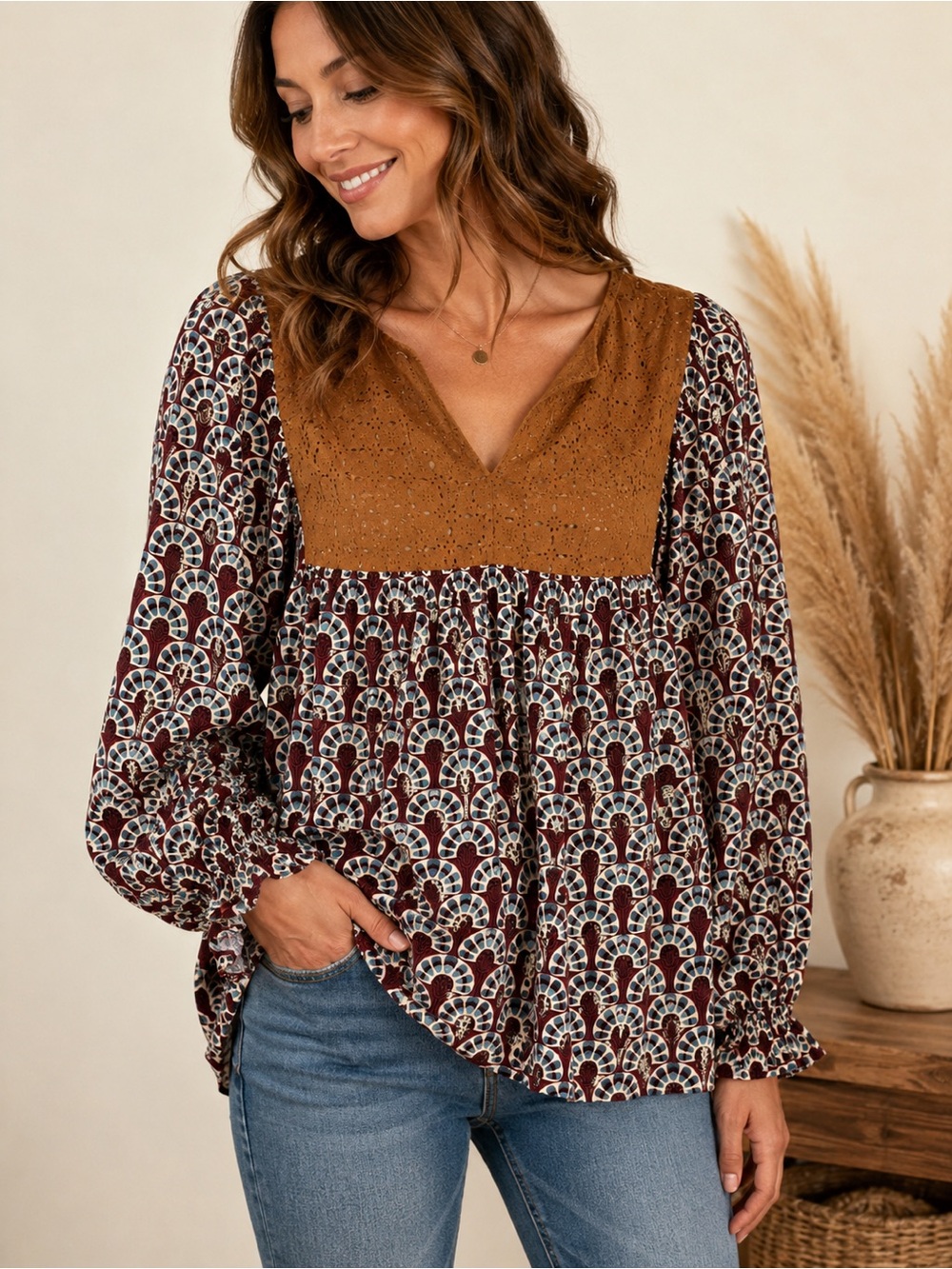 JODIFL Large Boho Geometric Print Faux Suede Babydoll Tunic Top